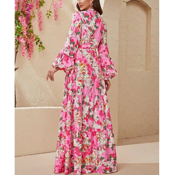Floral V-Neck Flounce Sleeve Ruffle Hem Maxi Dress - Pink - Picture 5 of 6